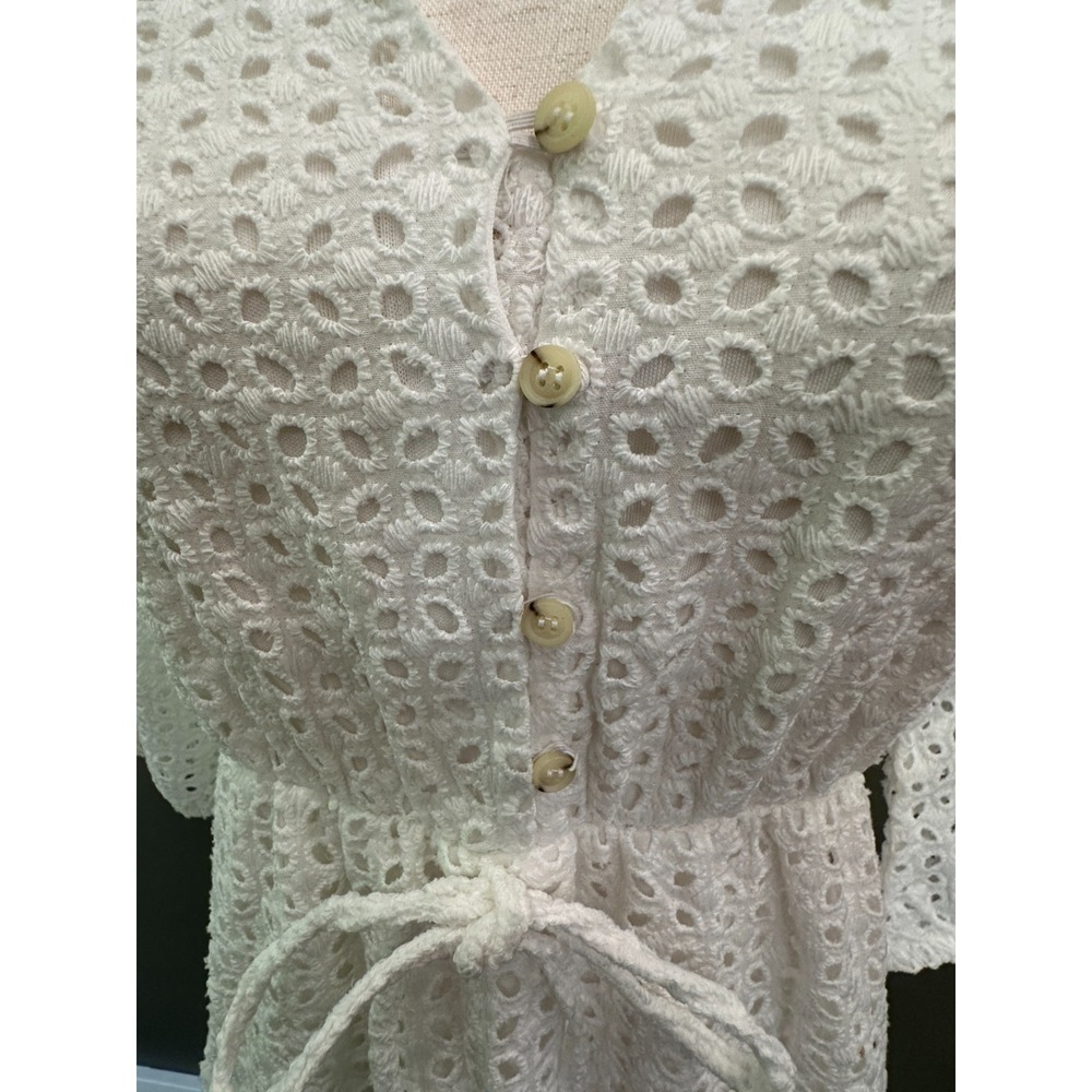 White Bohemian Eyelet Midi Dress Sz Small Western Ruffle Cottagecore Peasant - Picture 12 of 13